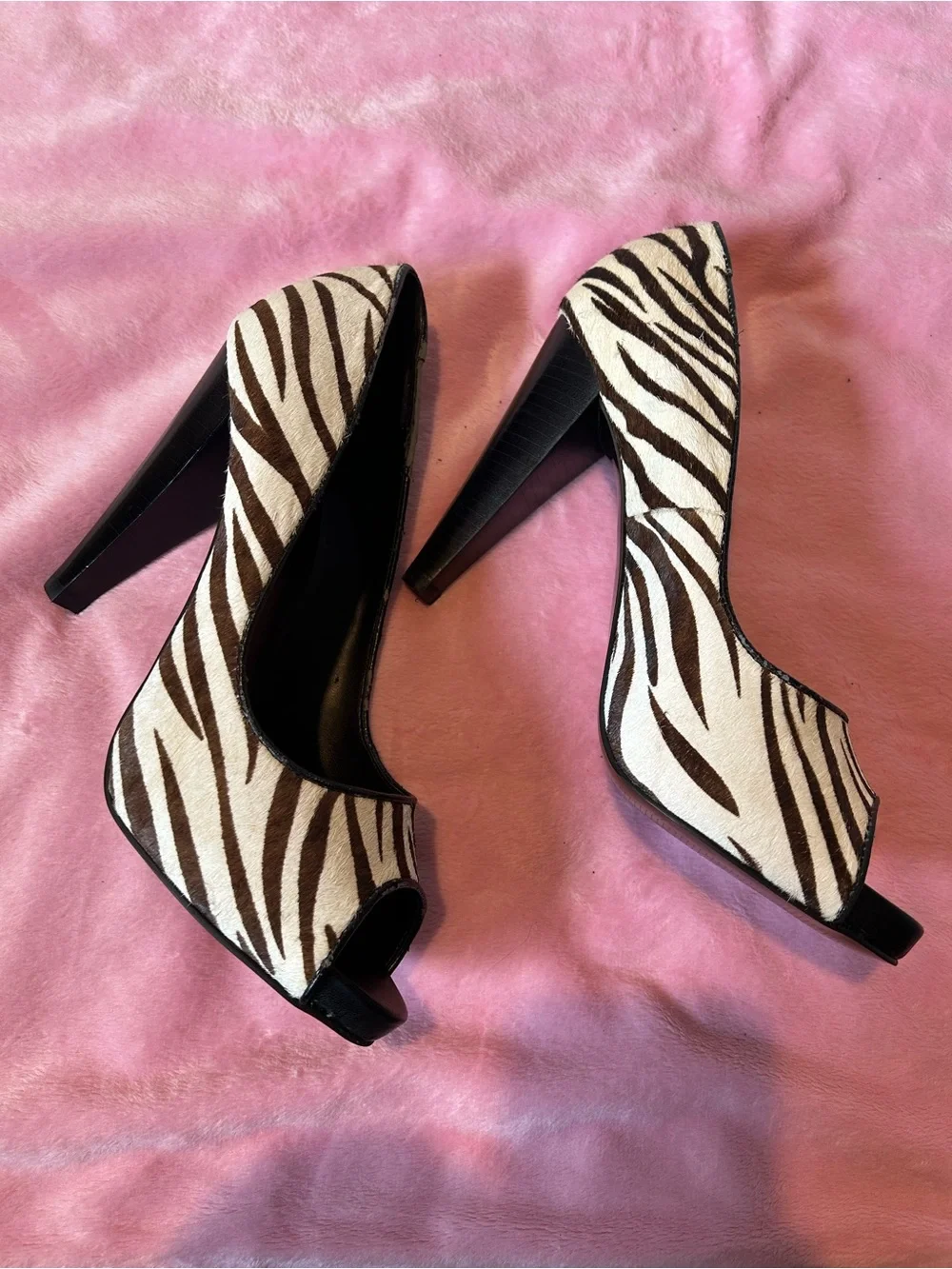 Nine West Vintage Zebra Pony Hair Peep-Toe Heels - Brown/Black/White